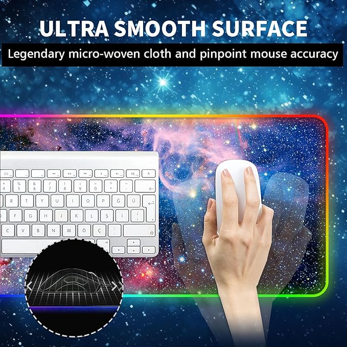 Large RGB Gaming Mouse PadGalaxy Nebula Space Oversized Glowing Led Extended Mousepad10 Lighting ModesNon-Slip Rubber Base Computer Keyboard Mousepads Mat31.5 x 11.8 inch