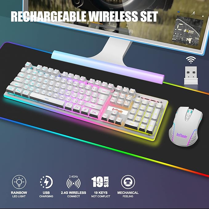 RedThunder K10 Wireless Gaming Keyboard and Mouse Combo LED Backlit Rechargeable 3800mAh Battery Mechanical Feel Anti-ghosting Keyboard + 7D 3200DPI Mice for PC Gamer (White)