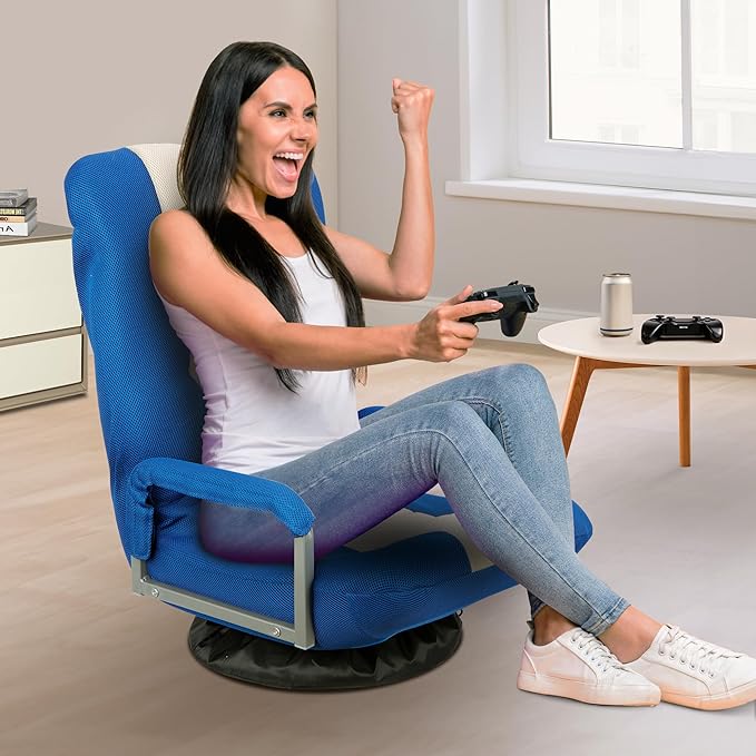 360 Degree Swivel Gaming Chair Foldable Floor Sofa Chair for TV Reading Playing Video Games with Lumbar Support Armrest Handles Adjustable Backrest Blue &amp Beige