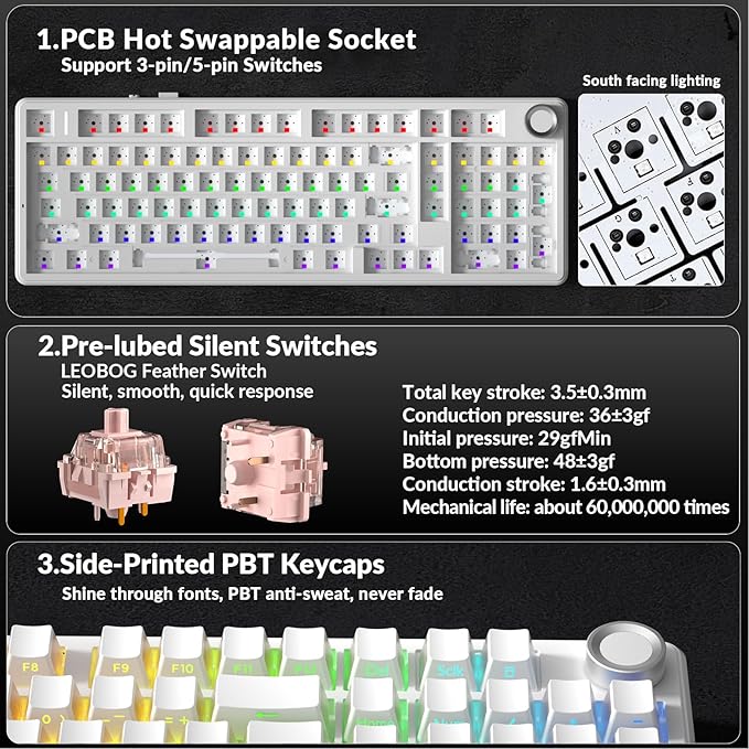AULA F99 Pro Wireless Mechanical Keyboard-Silent VersionBT5.0/2.4GHz/USB-C Hot Swappable Custom KeyboardGasket StructurePre-lubed Linear Switches RGB Backlit Computer Gaming KeyboardsWhite