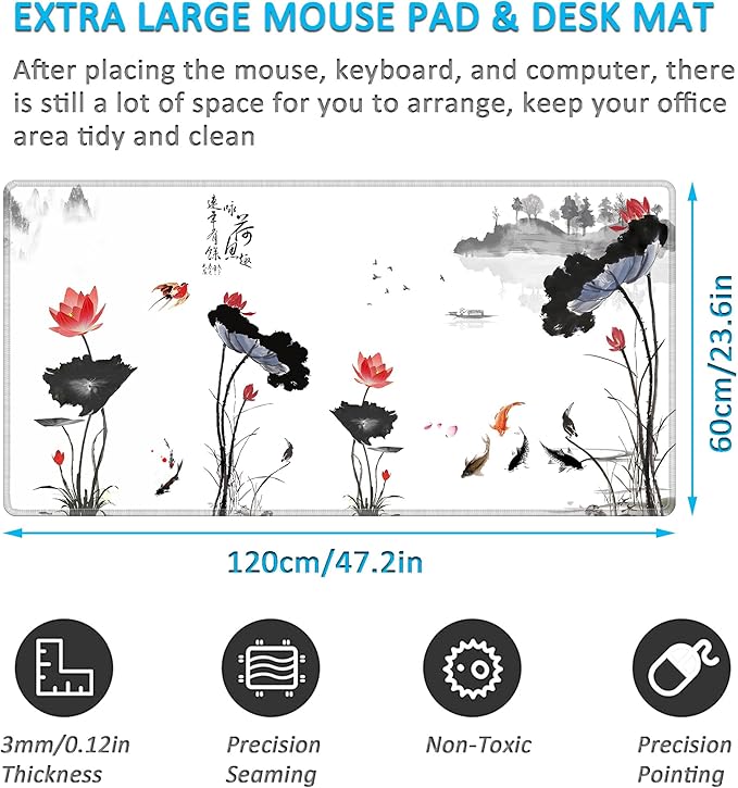 LL-COEUR XXL Landscape Gaming Mouse Pad Computer Keyboard Mat Office Desk Pad (Lotus 47.2 x 23.6 x 0.12)