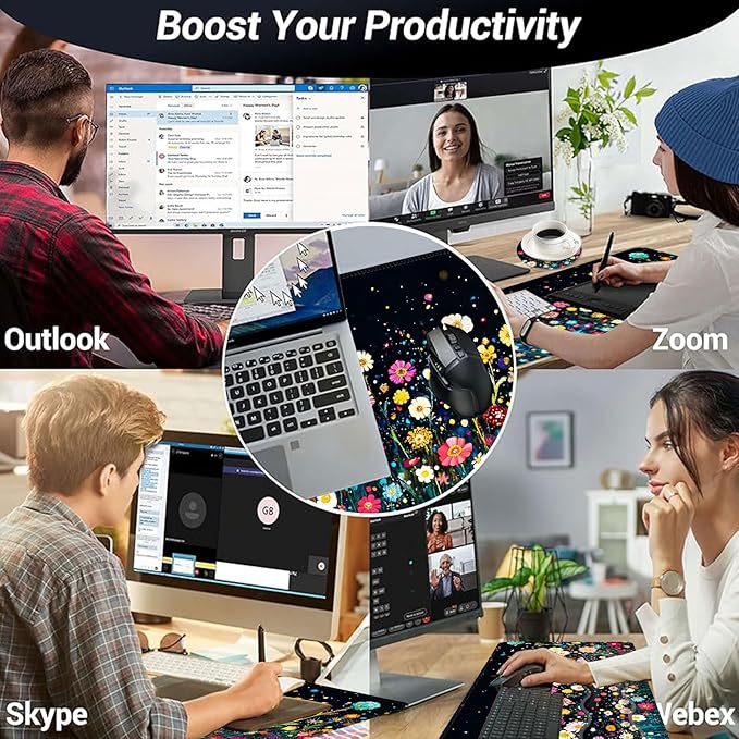 Large Mouse Pad and Keyboard Wrist Rest Desk Pad for Keyboard and Mouse 4-in-1 Large Gaming Mouse Pad with Wrist Support Desk Mat for Home Office Study GameColorful Flower Field