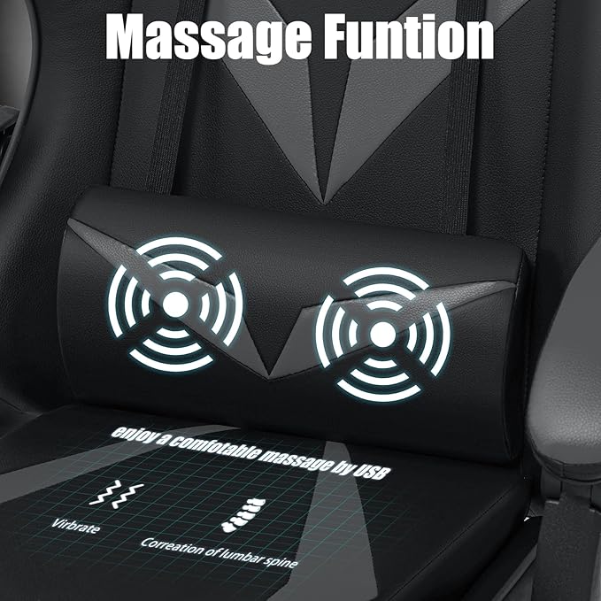 Gaming Chair with Massage Ergonomic Computer Chair with Footrest Reclining Video Game Chair for Boys with Adjustable Armrest Black