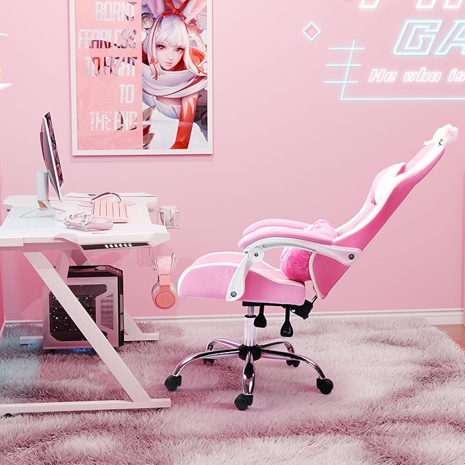 ALEAVIC Pink Gaming Chair with Cat Paw Lumbar Cushion and Cat Ears Reclining PC Game Computer Chairs Ergonomic Gamer Chair for Kids Girls Teens