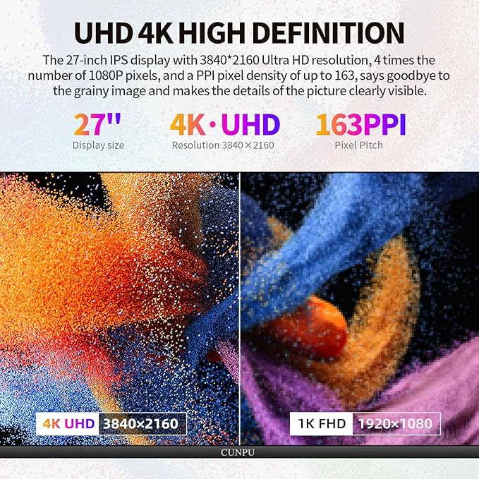 27 Inch 4K 70Hz Monitor UHD (3840 * 2160) IPS Ultra-Slim Bezel Monitor for Photo Video Editing ΔE &lt 2 100% DCI-P3 1.07B+ Colors PIP-PBP Adaptive Sync DP/HDMI Black