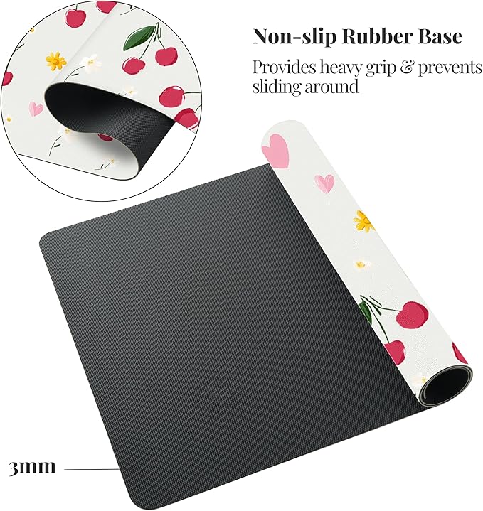 Idocolors Cherry Desk Mat Cute Extended Gaming Keyboard Mouse Pad Large Office Desk Cover Mat Pad Deskmat Non-Slip Leather Home Office Desk Mat Protector 31.5×15.7