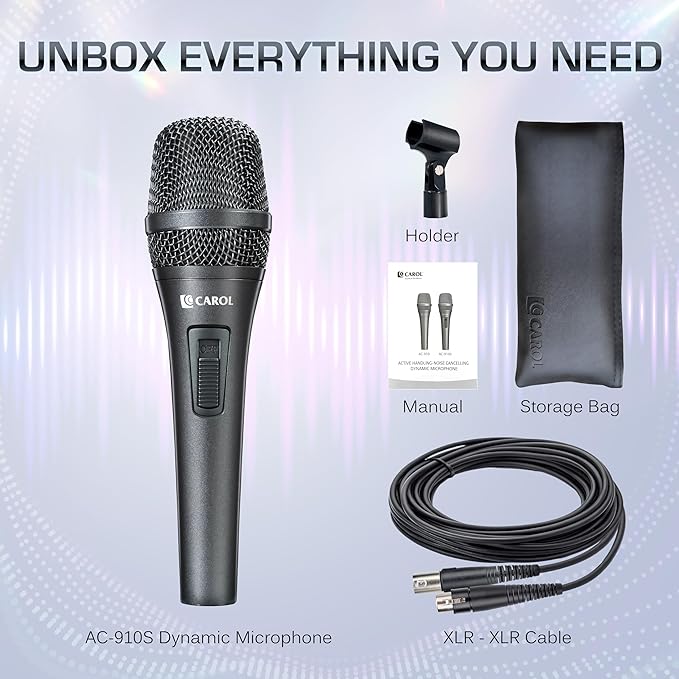 CAROL AC-910S XLR Wired Vocal Microphone – Dynamic Cardioid Mic with AHNC Dual-Engine Noise Cancelling Tech for Singing Karaoke Stage &amp Studio Includes Mic Clip 14.8ft XLR Cable &amp On/Off S