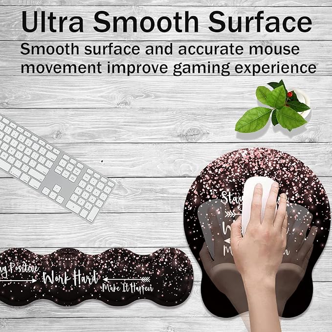 Keyboard Wrist Rest Pad and Ergonomic Mouse Pad Wrist Rest (with Coaster) Set Non-Slip Base &amp with Memory Foam for Easy Typing and Wrist Pain Relief - Stay Positive Work Hard and Make It Happen