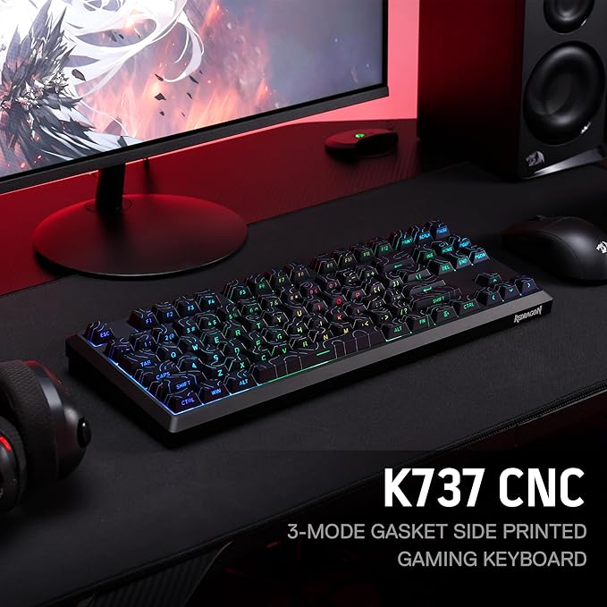 Redragon K737 PRO Wireless 87 Keys Gasket Gaming Keyboard 80% Premium CNC Aluminum Mechanical Keyboard Hot-Swap South-Facing LED Socket 5-Layer Noise Dampening Side-Printed PBT Contour Line Keycap