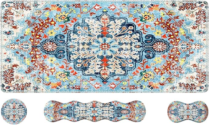 iLeadon Mouse Pad Set Desk Mat + Mouse Pad with Wrist Rest + Keyboard Wrist Rest + Coaster 4in1 Large Gaming Mouse Pad Set for Home Office Retro Boho Floral Blue