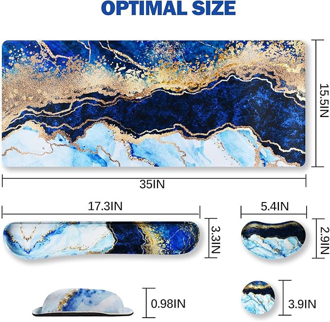ARTSO Large Gaming Mouse Pad Keyboard Wrist Rest Pad &amp Wrist Support Mousepad Set Stitched Edge Extended Non-Slip Base Memory FoamMultifunctional Desk Mat 4pcs for Office &amp Home Blue Ma