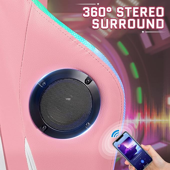VANSPACE Computer Gaming Chair Pink with Bluetooth Speakers and RGB LED Lights for Girls Massage Chair with Footrest Cute Video Game Chairs High Back with Lumbar Support and Headrest Pink and White