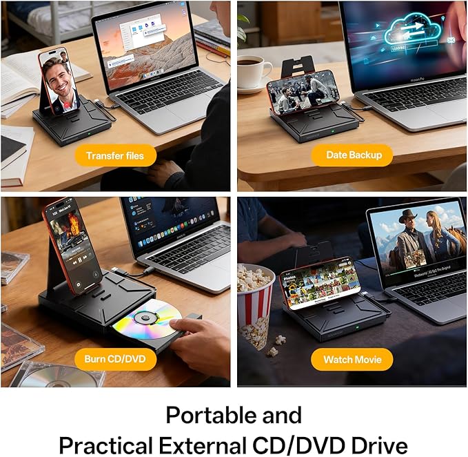 9-in-1 External CD/DVD Drive with Phone Holder USB 3.0 &amp Type-C Portable DVD±RW/CD Burner Plug and Play Optical Drive Compatible with Laptop PC Desktop Windows 11/10/8/7 Mac Linux