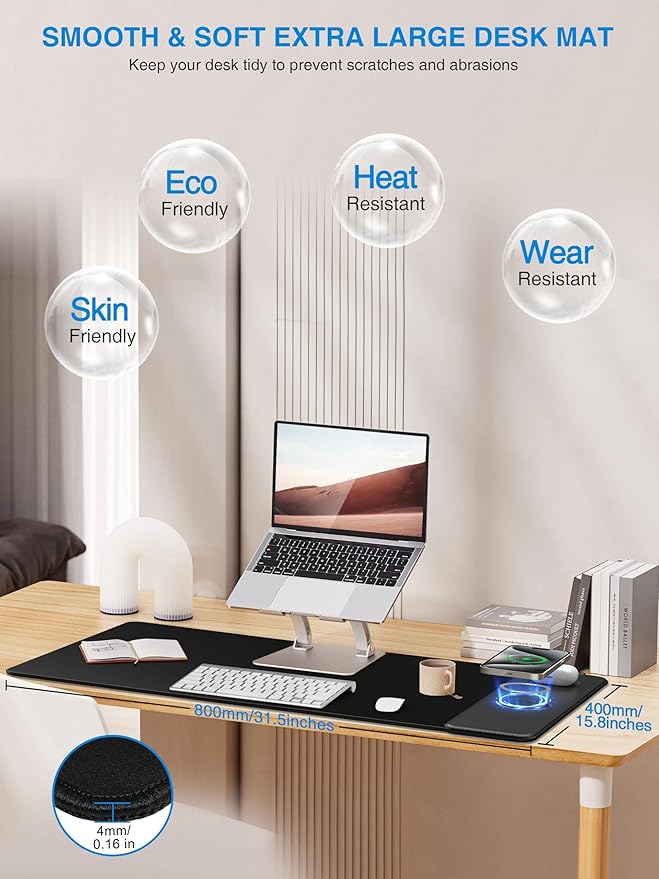 TopMade Mouse Pad with 15W Wireless Charging Gaming Mousepad Home Office Large Desk Pad with Ultra-Smooth Surface Non-Slip Base Waterproof Keyboard Pad Classic Black Desk Mat
