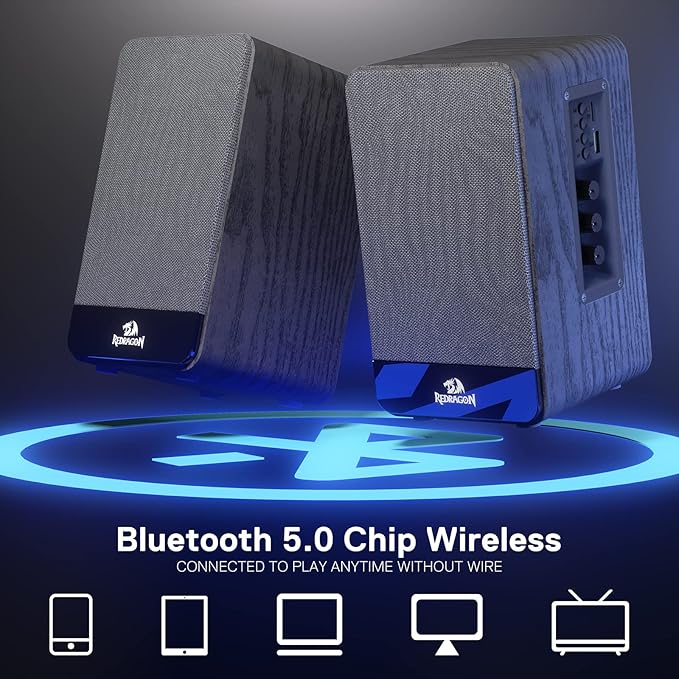 Redragon GS813 Wireless Desktop Speakers 2.0 Bookshelf Speaker w/20W Output BT 5.0/3.5mm AUX Enhanced Bass/Treble Knob and TF Card/USB Flash Drive Supported