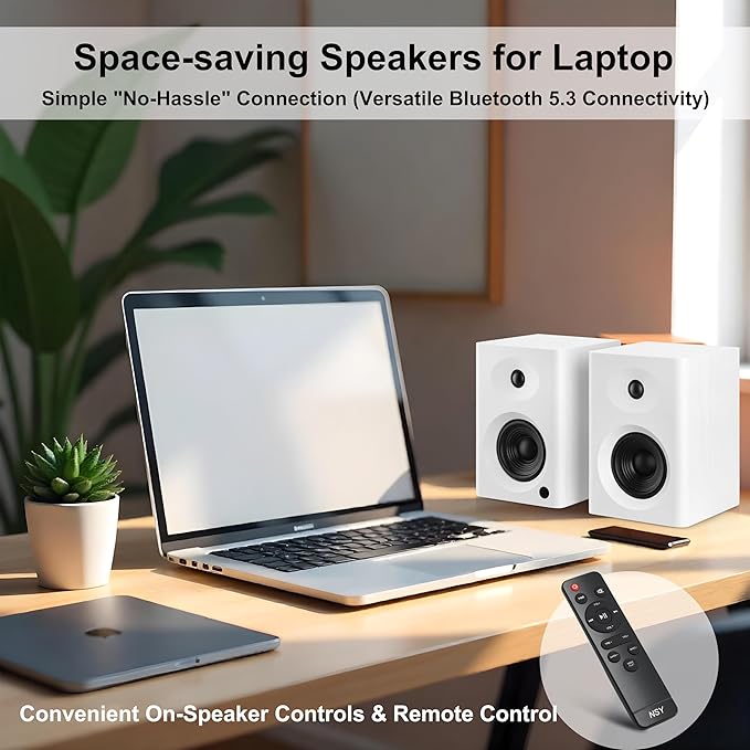 Desktop Speakers for PC Bookshelf Speakers with Clear Highs &amp Punchy Bass - 4 Woofer 80W Peak HiFi Audio for Monitor Home Theater Sound System and Computer White Pair