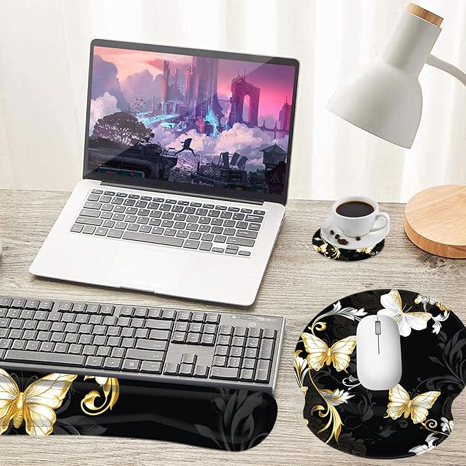 Keyboard Wrist Rest and Mouse Pad Wrist Support Set with CoastersNon-Slip PU Base Ergonomic Gaming Mousepad for Home Office Working Studying Easy Typing &amp Pain ReliefSilver Golden Butterfly