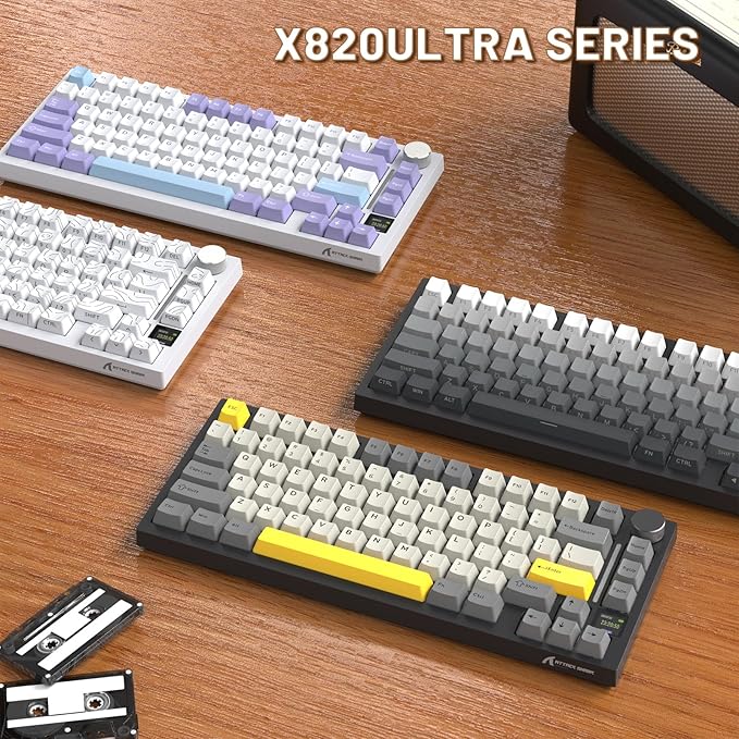 A.JAZZ Attack Shark X820Ultra 75% Wireless Mechanical Gaming Keyboard and Coiled Cable Hot Swappable 2.4GHz/Bluetooth/Wired Keyboard with Screen &amp Knob RGB Backlit Gasket Mount Gift Switch-Starbla