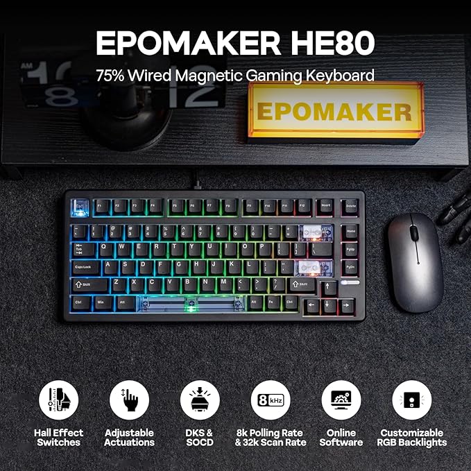 EPOMAKER HE80 Hall Effect Gaming Keyboard 8K Polling &amp 32K Scan Creamy Gasket DKS SOCD Hot-Swappable RGB Backlit Wired Gaming Keyboard for PC &amp Mac (Black)
