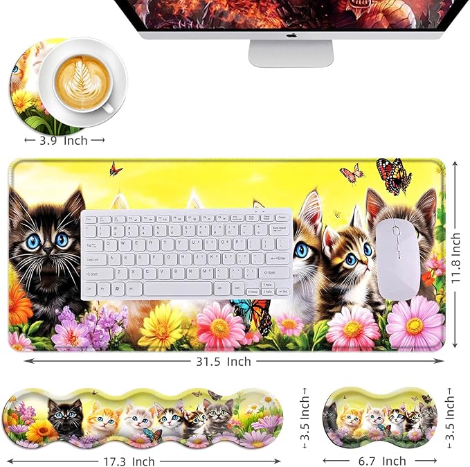 Mouse PadLarge Desk Mat Set 4in1 XL Mousepad + Keyboard Wrist Rest+Mouse Wrist Rest+Coaster with Ergonomic Desk Pad for Home Office Table Computer Cover -Kittens Flowers Butterflies