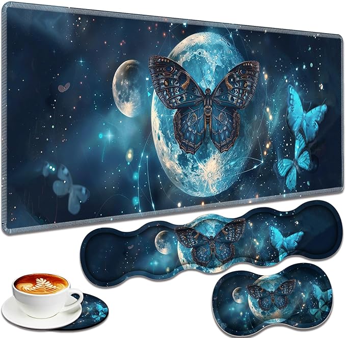 Large Gaming Mouse Pad + Keyboard Wrist Rest + Wrist Support + Coaster Set Memory Foam Ergonomic for Easy Typing XXL Extended Gaming Mouse Pad Table Pad - Selenophora Sibirica