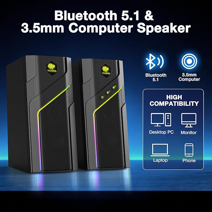 RGB Computer Speakers with Bluetooth 5.1 2.0 USB Powered Desktop Speakers with 21 RGB Light Modes Touch Control 3.5mm AUX Stereo Sound and Heavy Bass for PC Gaming and Office