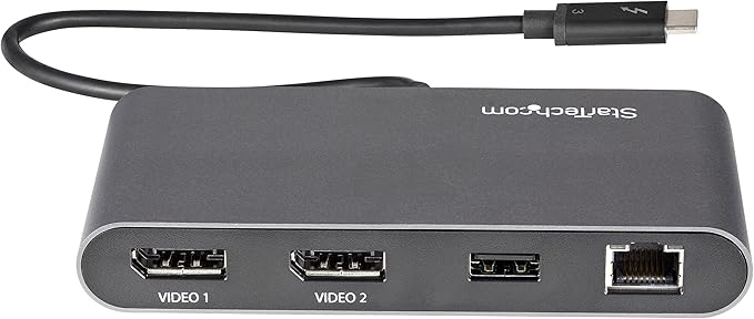 StarTech.com Dual-Monitor Thunderbolt Mini Dock 4K 60Hz DisplayPort Driverless Hub for Windows &amp Mac Gigabit Ethernet 1x USB-A (USB 5Gbps) 11in (28cm) Cable