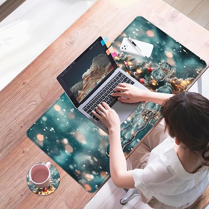 Mouse PadLarge Desk Mat Set 4in1 XL Mousepad + Keyboard Wrist Rest+Mouse Wrist Rest+Coaster with Ergonomic Desk Pad for Home Office Table Computer Cover -Snowy Christmas Tree with Lights