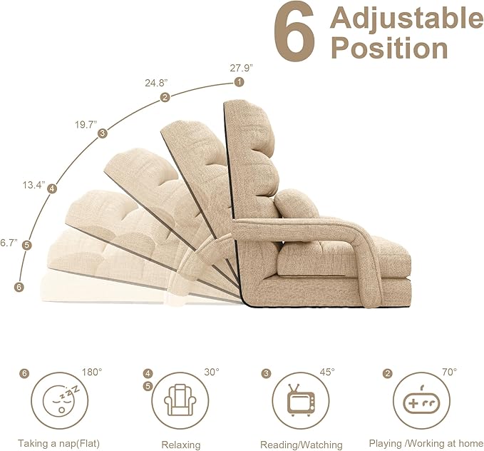 Floor Gaming Chair for Adults 6-Position Adjustable Chaise Lounge Chair with Meditation Arm Foldable Lazy Sofa with Pillow Comfy Chair Indoor for Bedroom Dorm Living Room Beige