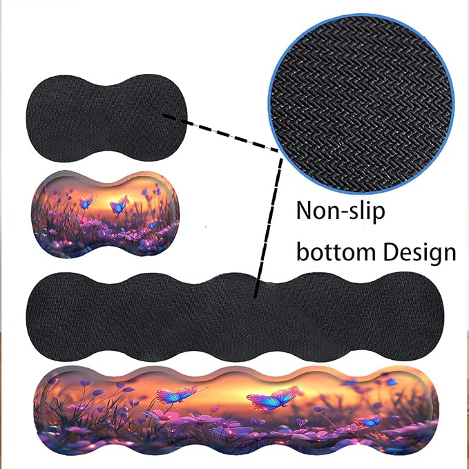 Keyboard Mouse Pad SetLarge Desk Pad+Keyboard Wrist Rest+Mouse Wrist Support+CoasterEasy Typing Pain Relief Non-Slip Wrist Support Mousepad Set Home OfficeGlowing Butterflies Flowers