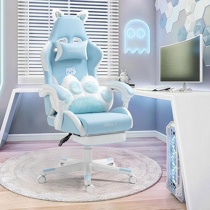 Cute Cat Ears Gaming Chair with Paw Lumbar Cushion High Back Computer Chair with Footrest 360° Swivel Height Adjustable Recliner Game Chair for Girls 300lbs (Blue)