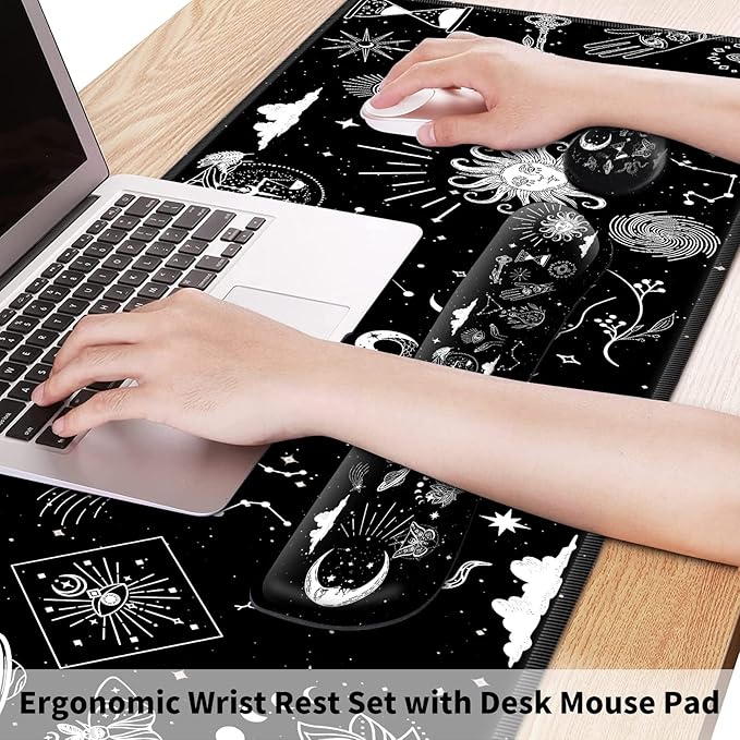 Large Gaming Mouse Pad Keyboard Mouse Wrist Rest Support Set with Memory Foam Ergonomic Easy Typing Extended Desk Mat Non Slip for Home Office Game and Study Astrology Celestial Theme