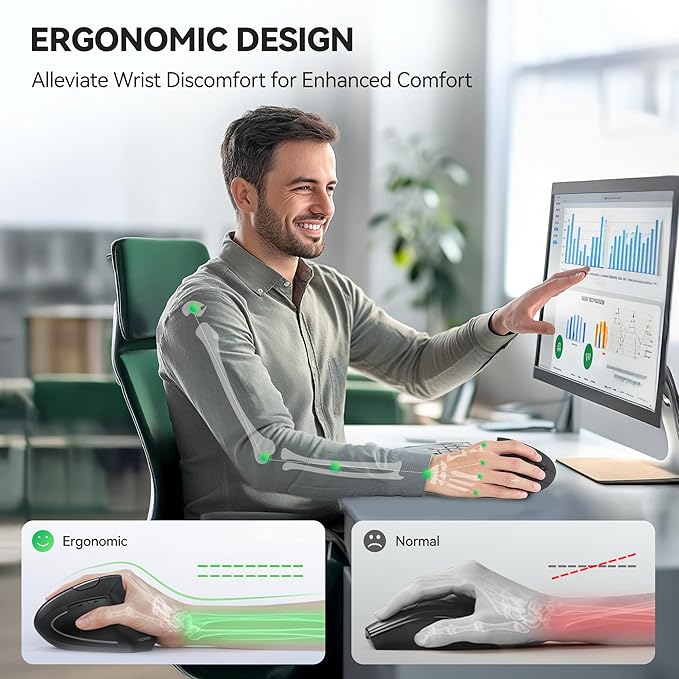 TECKNET Ergonomic Mouse Jiggler Bluetooth Wireless Vertical Mouse 4800 DPI Silent Mouse with 6 Adjustable DPI Levels 2.4GHz (USB A &amp C) Mouse 6 Buttons Computer Mice - Wide Compatibility