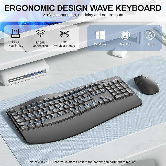 Wireless Keyboard and Mouse Combo2.4G Full Size Wave Keys Ergonomic Keyboard with Wrist Rest for Natural Typing 3 DPI Adjustable Ergonomic Silent Mouse for Computer/Laptop/Windows/Mac (Gray)