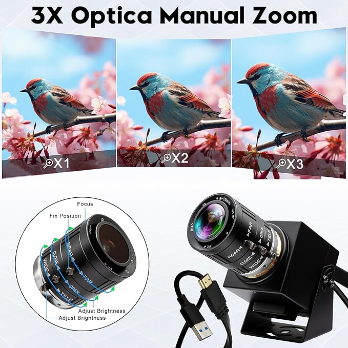 4K 60fps High Speed Camera USB3.0 &amp HDMI Dual Simultaneous Output 3X Manual CS-Mount Varifocal Lens with 2X Digital Zoom H.264 Security Camera for Computers TVs Projectors Video Conferences