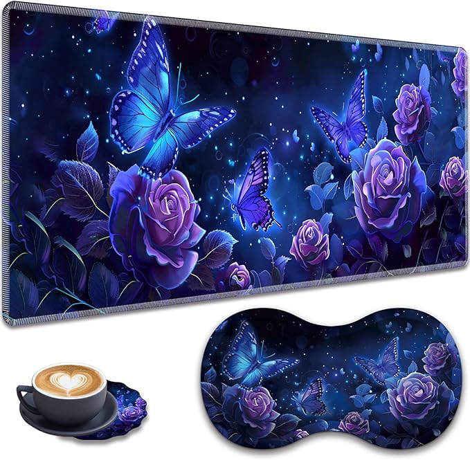 Large Gaming Mouse Pad + Wrist Rest + Lace Coaster Non-Slip Set with Sewn Edges and Waterproof Expandable Desktop Pad Suitable for Office/Home Purple Roses and Butterflies