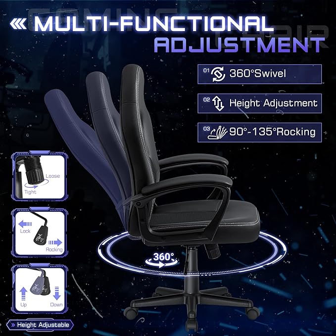 Office Gaming Chair High Back Leather Computer Chairs Ergonomic Height Adjustable Racing Game Desk Chair Executive Conference Task Chair (Black)