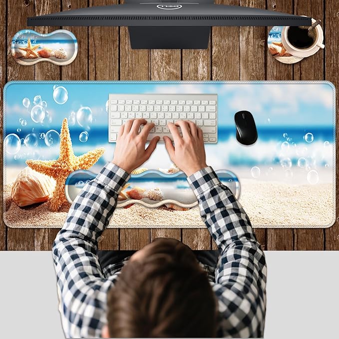 Ergonomic Keyboard Wrist Rest &amp Mouse Pad Wrist Rest SetXL Gaming Desk Mat 31.5x 11.8Non-Slip BaseMemory FoamEasy Typing Pain Relief for Office &amp HomeSeashells Starfish on Beach