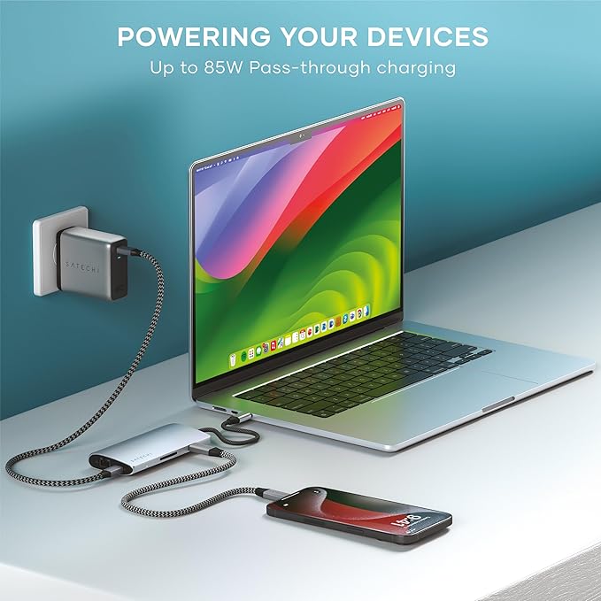 Satechi 8 in 1 USB C Hub Multiport Adapter V3 8K HDMI 100W Charging 4 USB Data Ports Ethernet SD Card Reader for Laptop for Mac/Windows MacBook Air/Pro M5/M4 iPad - Silver