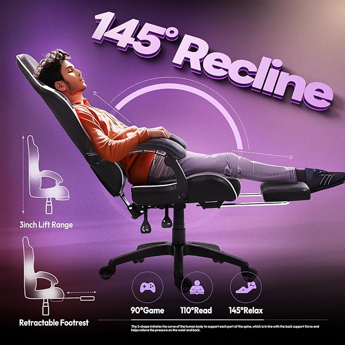 Dowinx Gaming Chair with Massage Lumbar Support and Footrest Gaming Chairs for Adults Ergonomic Computer Chair High Back with Pocket Spring Cushion Swivel Recliner with Headrest Black and White