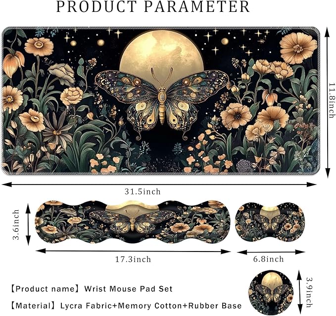 Keyboard Wrist Rest SetMemory Foam Wrist Support Mouse Pad31.5x11.8 Desk Mat for Comfortable Typing &amp Pain ReliefNon-Slip Base for Office &amp Home Use - Flower Butterfly Moon