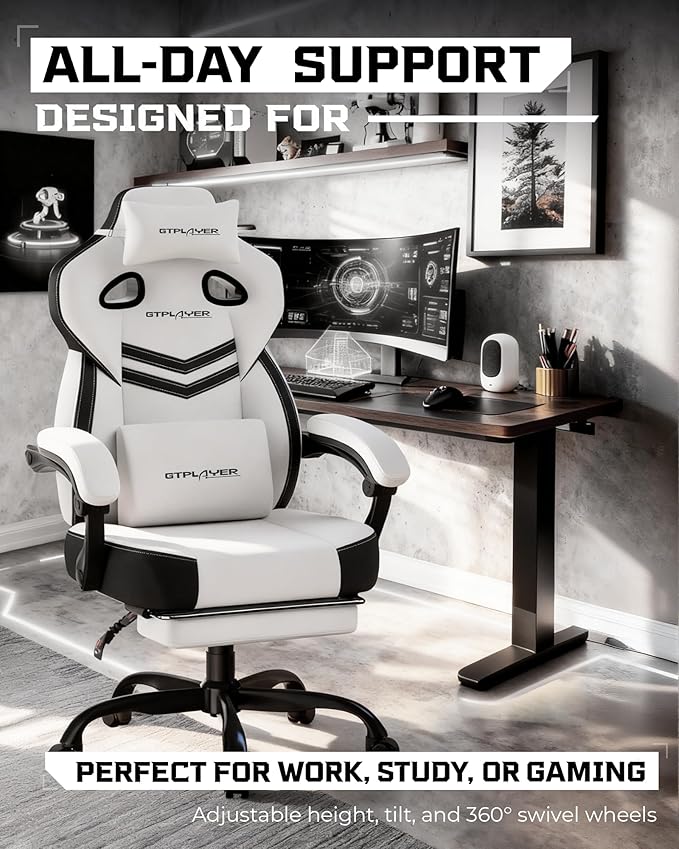 GTPLAYER Gaming Chair Computer Chair with Footrest and Lumbar Support for Adults 360°-Swivel Big &amp Tall Reclining Seat for Office or Gaming (White)