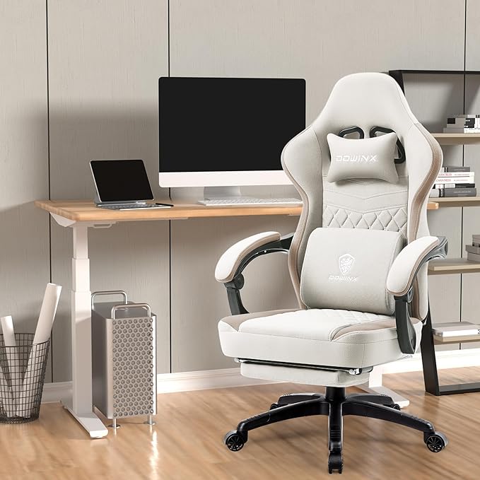 Dowinx Gaming Chair Breathable Fabric Computer Chair with Pocket Spring Cushion Comfortable Office Chair with Gel Pad and Storage BagMassage Game Chair with FootrestBeige