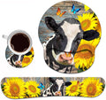 Keyboard Wrist Rest and Mouse Pad Wrist Support Set with Coasters Ergonomic Gaming Mousepad Non-Slip PU Base for Home Office Working Studying Easy Typing &amp Pain Relief - Sunflowers and Cow