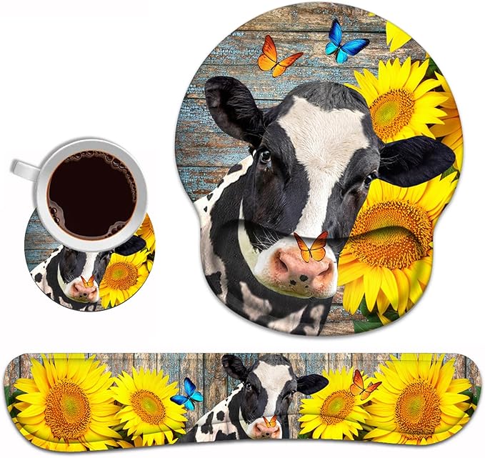 Keyboard Wrist Rest and Mouse Pad Wrist Support Set with Coasters Ergonomic Gaming Mousepad Non-Slip PU Base for Home Office Working Studying Easy Typing &amp Pain Relief - Sunflowers and Cow