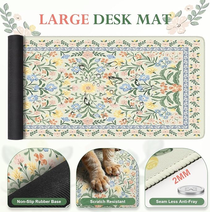 iLeadon Green Floral Desk Cover Mat Computer Mouse Pad and Keyboard Wrist Rest Non-Slip Base Keyboard Wrist Rest and Mouse Pad Set Office Desk Mat Cute for Women (Light Green)
