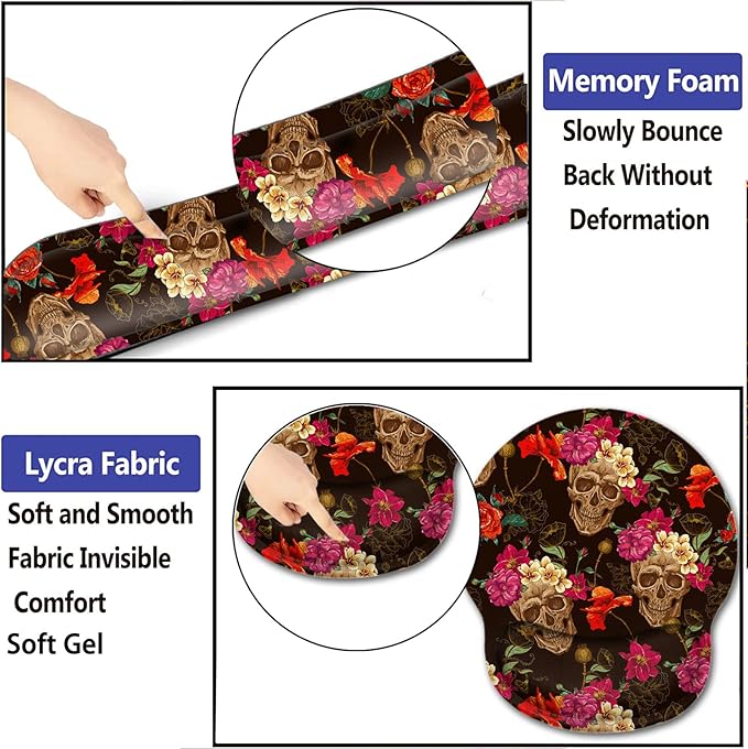 Gel Mouse Pad Wrist Support and Memory Foam Keyboard Wrist Rest in Office Accessories Set for Office Computer LaptopComfortable Lightweight for Easy Typing Pain ReliefRose Flower Skull Desk pad