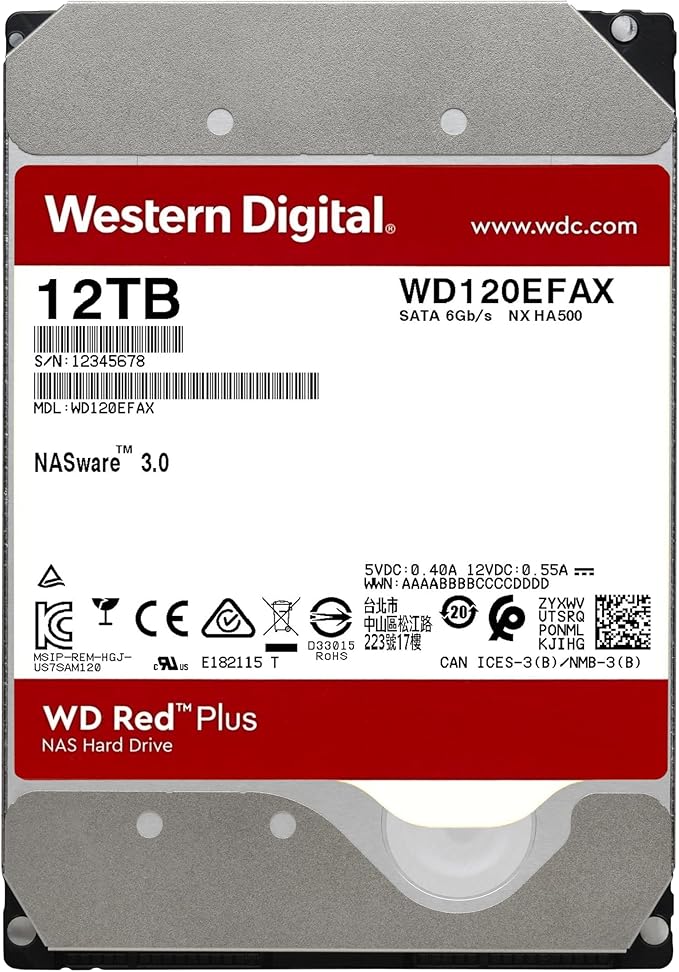 Western Digital 12TB WD Red Plus NAS Internal Hard Drive HDD - 5400 RPM SATA 6 Gb/s CMR 256 MB Cache 3.5 - WD120EFAX