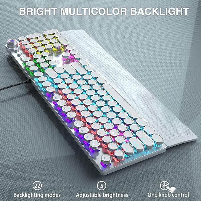 AULA F2088 Typewriter Style Mechanical Gaming KeyboardRainbow LED BacklitRemovable Wrist RestMedia Control KnobRetro Punk Round KeycapsUSB Wired Computer KeyboardWhite (Renewed)