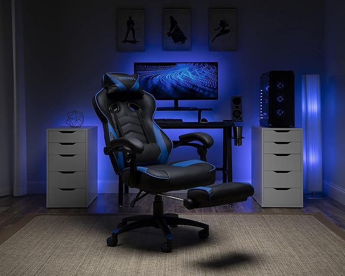 RESPAWN 110 Ergonomic Gaming Chair with Footrest Recliner - Racing Style High Back PC Computer Desk Office Chair - 360 Swivel Adjustable Lumbar Support Headrest Pillow Padded Armrests - 2019 Blue